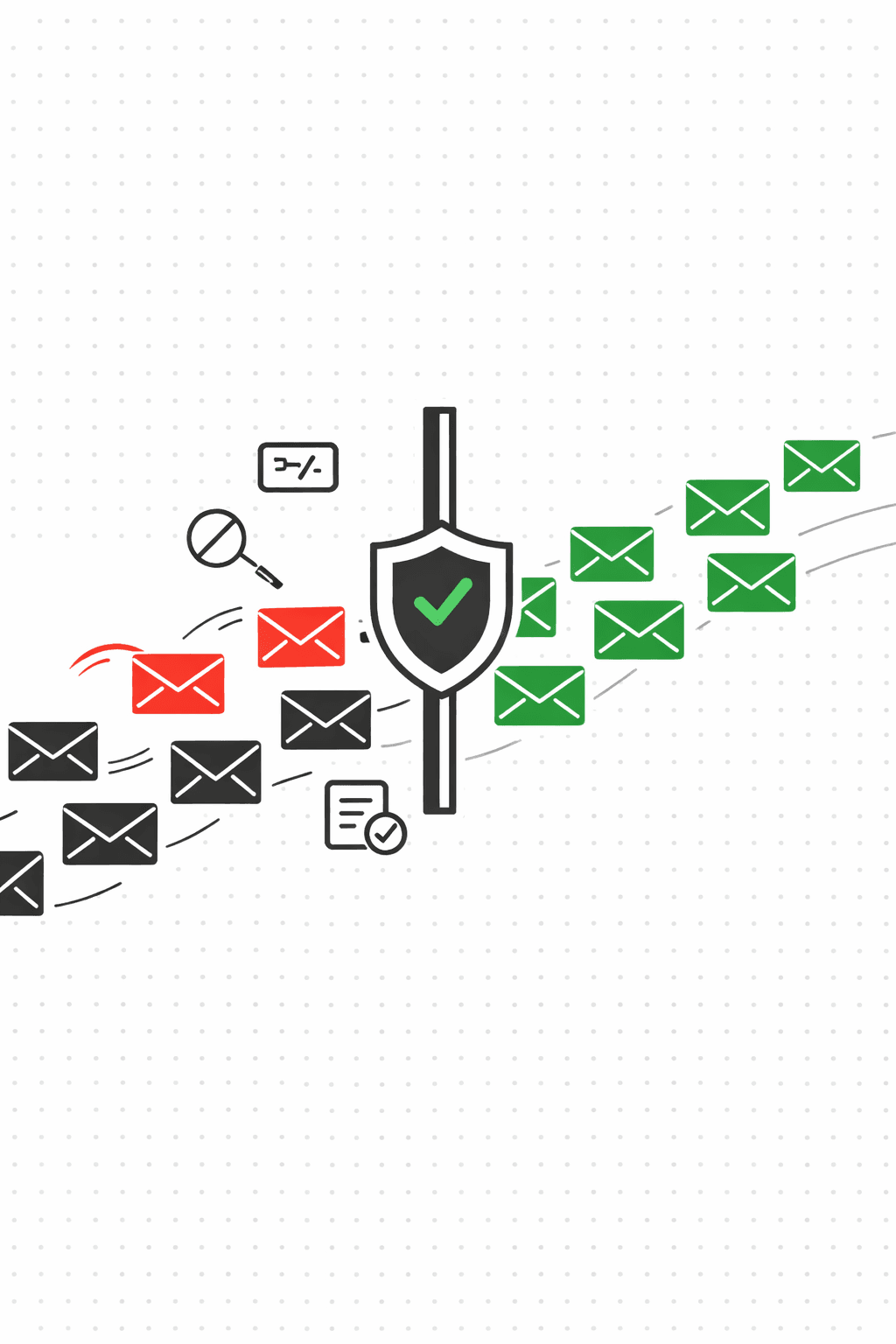 Policy gate diagram showing emails passing through rate limit, suppression, and consent checks before delivery