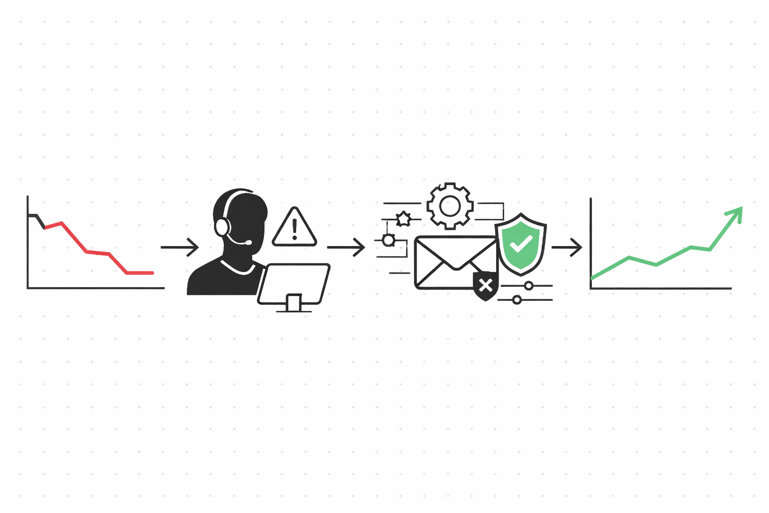 Timeline showing usage drop detection, agent-triggered check-in email through policy gate, and customer re-engagement